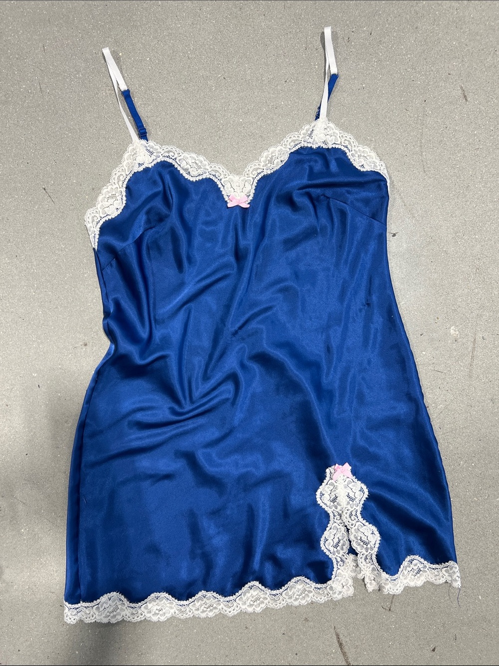 Vintage Victoria's Secret Royal Blue Satin Chemise with White Lace Size M